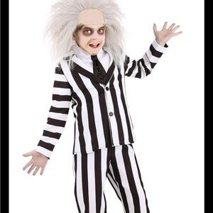 Kids Beetlejuice Costume Black White Striped Horror Suit Halloween 4+ Yrs Medium